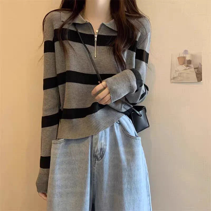 Women’s Striped Polo-Collar Pullover Sweater – Loose-Fit Japanese & Korean Casual, Autumn 2025 - Image 5