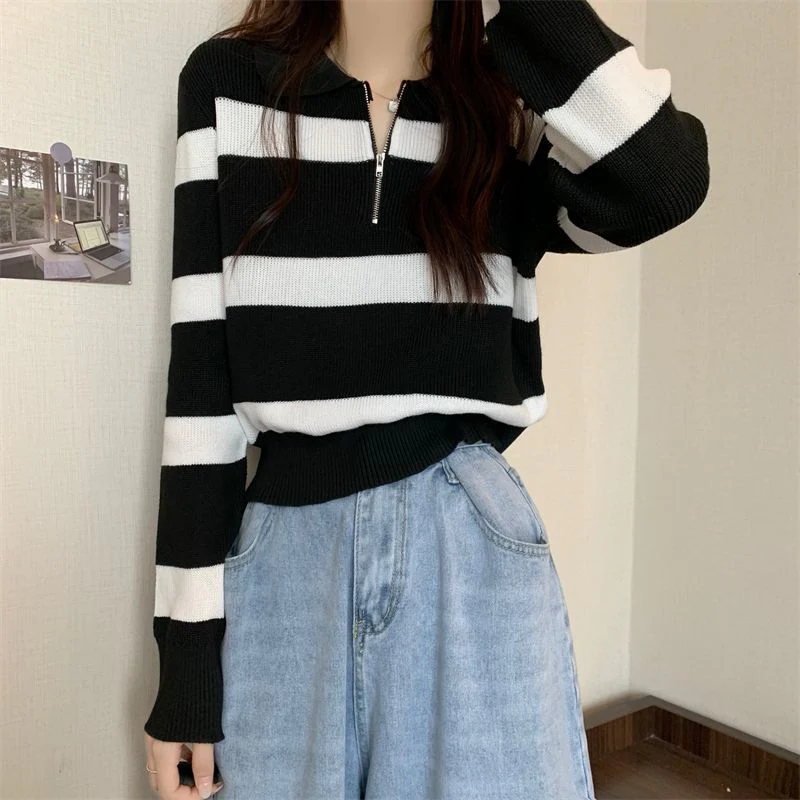 Women’s Striped Polo-Collar Pullover Sweater – Loose-Fit Japanese & Korean Casual, Autumn 2025 - Image 6