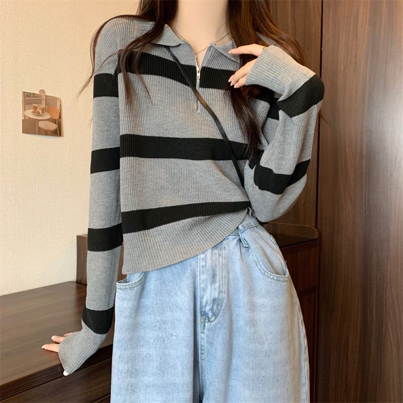 Women’s Striped Polo-Collar Pullover Sweater – Loose-Fit Japanese & Korean Casual, Autumn 2025 - Image 8