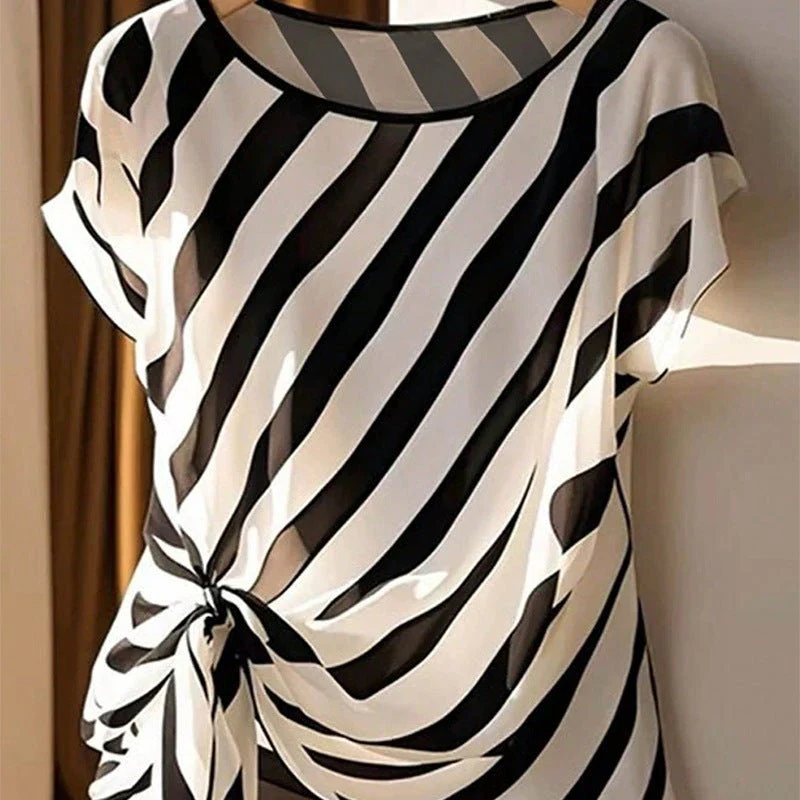 Women’s Striped Twill Pullover Blouse – Loose Crew Neck Short Sleeve Commuter Shirt FD - Image 2