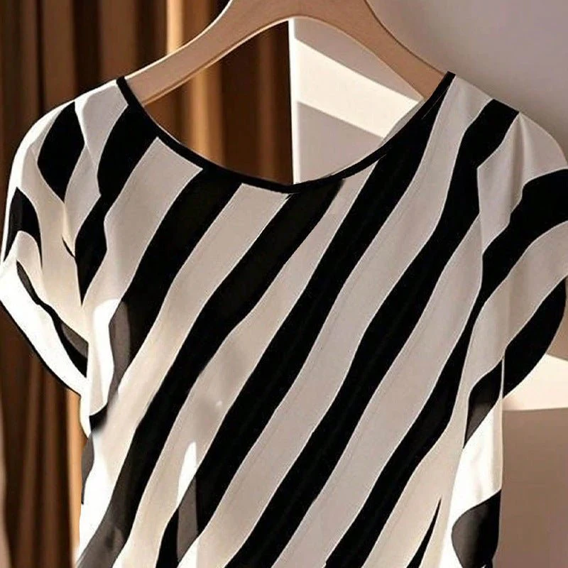 Women’s Striped Twill Pullover Blouse – Loose Crew Neck Short Sleeve Commuter Shirt FD - Image 3