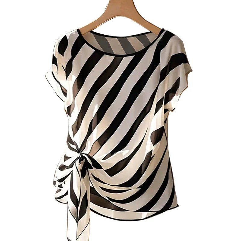 Women’s Striped Twill Pullover Blouse – Loose Crew Neck Short Sleeve Commuter Shirt FD - Image 5