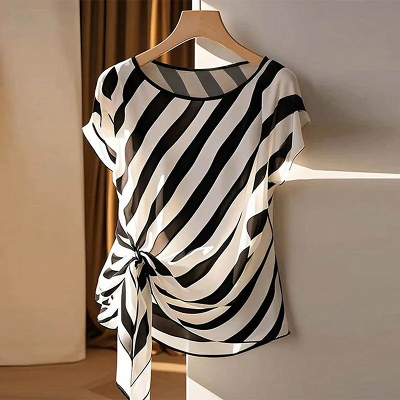 Women’s Striped Twill Pullover Blouse – Loose Crew Neck Short Sleeve Commuter Shirt FD - Image 6