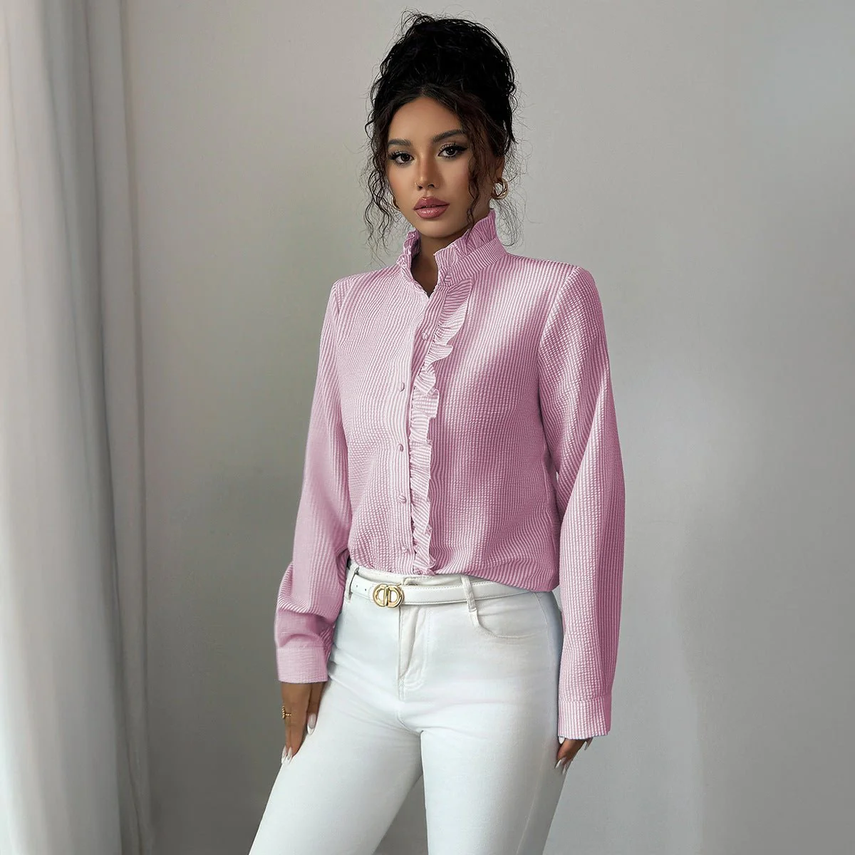 Women’s Striped Woven Blouse with Lotus Leaf Collar - Image 4