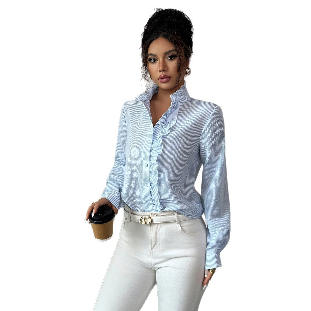 Women’s Striped Woven Blouse with Lotus Leaf Collar - Image 5