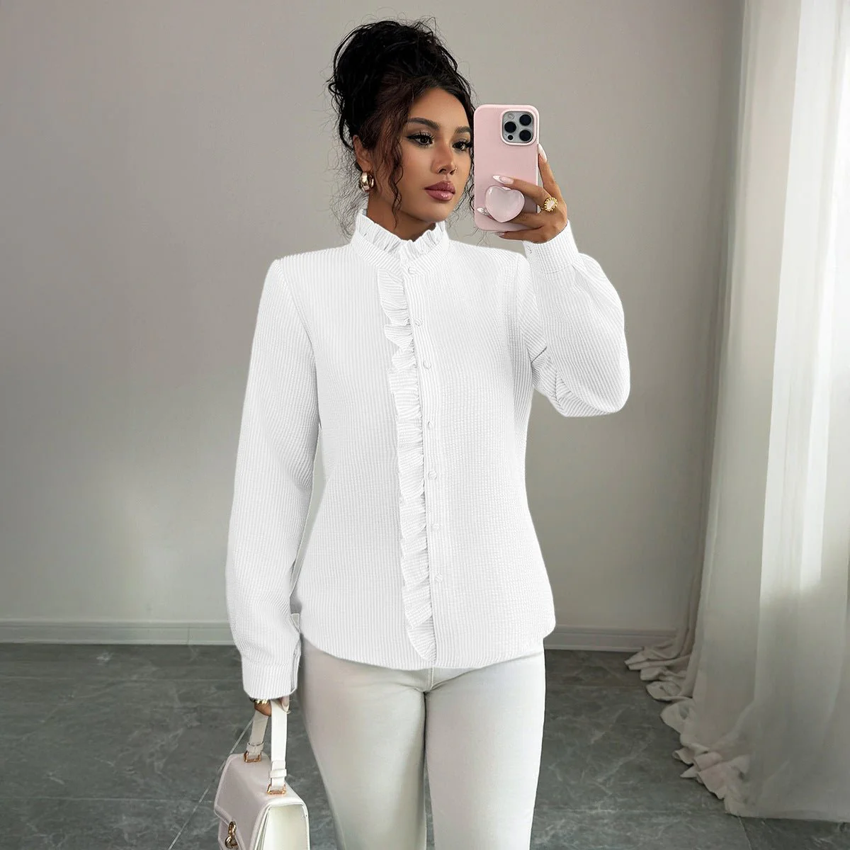 Women’s Striped Woven Blouse with Lotus Leaf Collar - Image 6