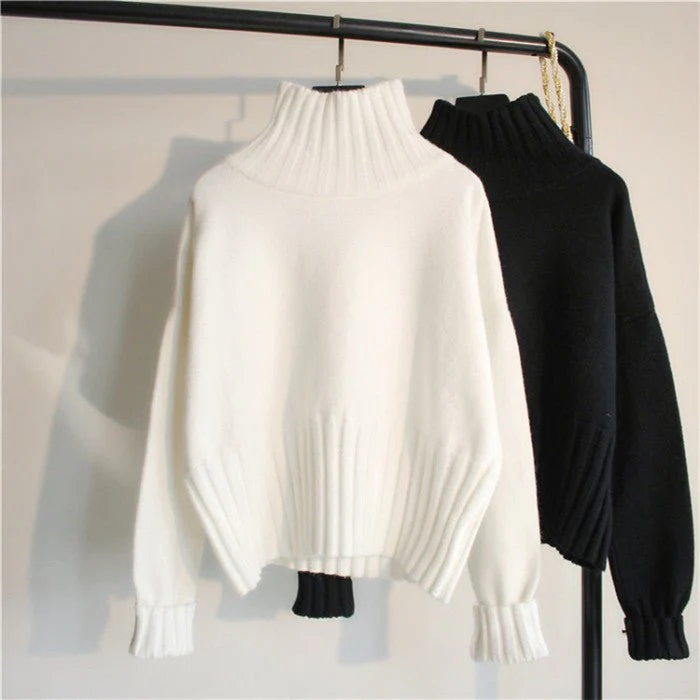 Women’s Thick High Neck Knit Sweater | Elegant Slim Fit Pullover Top – Black & White | Autumn Winter Commuter Style - Image 6