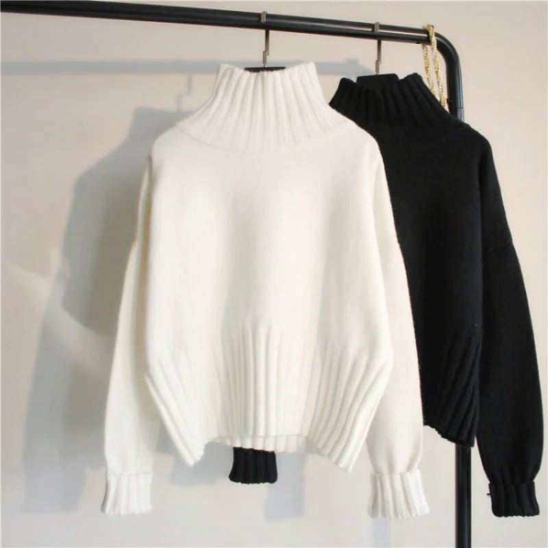 Women’s Thick High Neck Knit Sweater | Elegant Slim Fit Pullover Top – Black & White | Autumn Winter Commuter Style  FD
