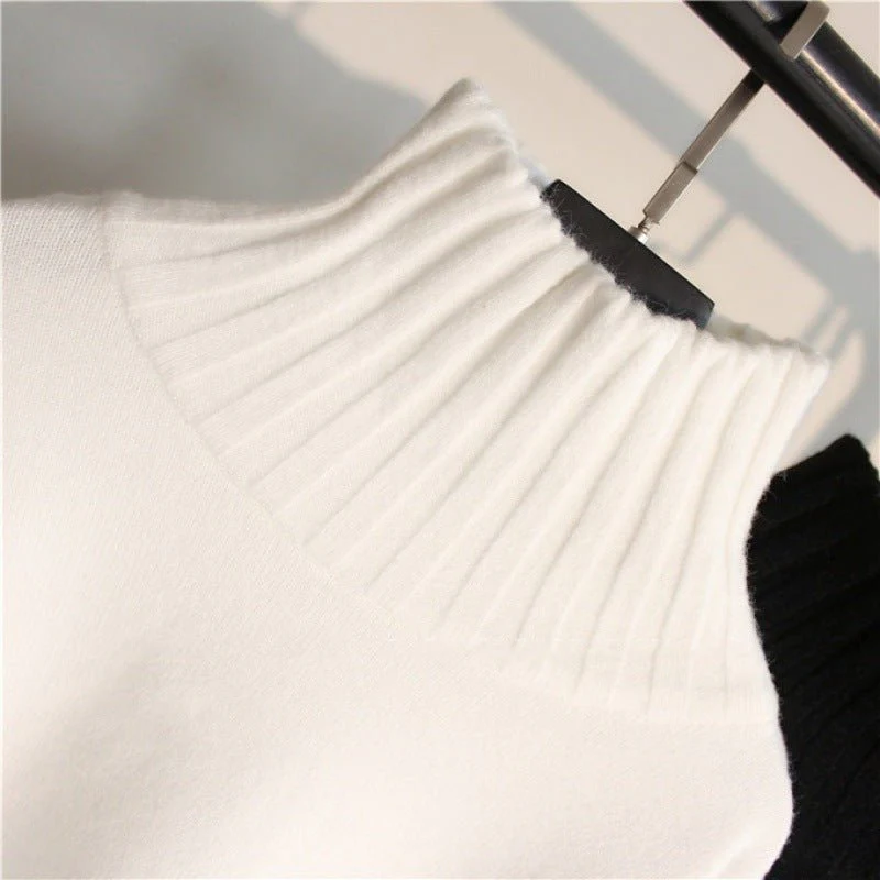 Women’s Thick High Neck Knit Sweater | Elegant Slim Fit Pullover Top – Black & White | Autumn Winter Commuter Style  FD - Image 2