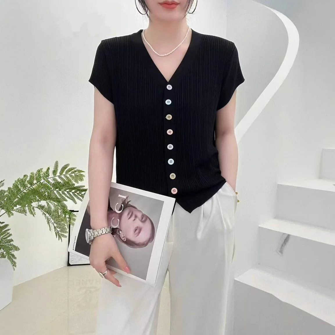 Women’s V-Neck Color Button Cardigan | Soft Viscose Casual Short Sleeve Top | Korean Style Summer 2025 T-Shirt