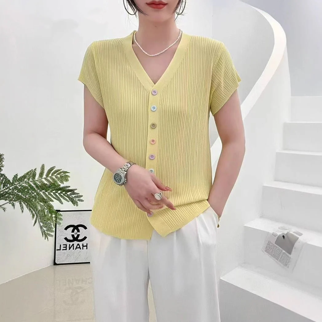 Women’s V-Neck Color Button Cardigan | Soft Viscose Casual Short Sleeve Top | Korean Style Summer 2025 T-Shirt - Image 2