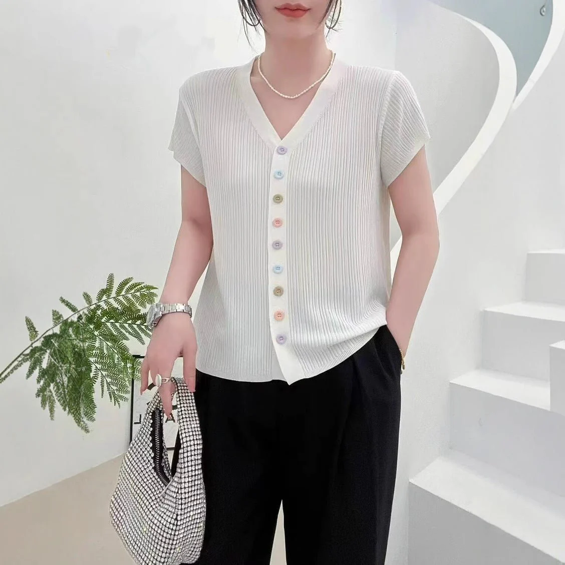 Women’s V-Neck Color Button Cardigan | Soft Viscose Casual Short Sleeve Top | Korean Style Summer 2025 T-Shirt - Image 3