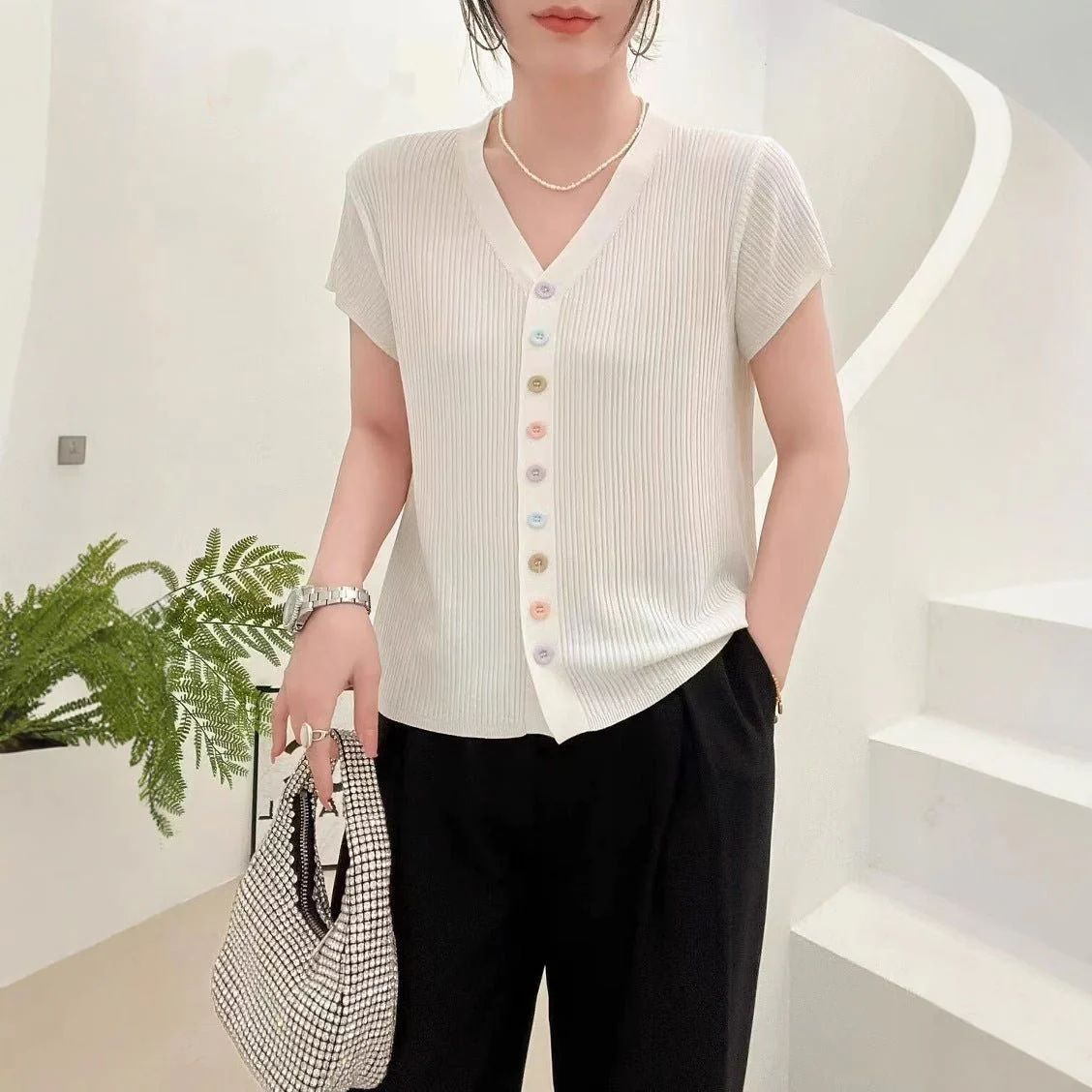 Women’s V-Neck Color Button Cardigan | Soft Viscose Casual Short Sleeve Top | Korean Style Summer 2025 T-Shirt - Image 4