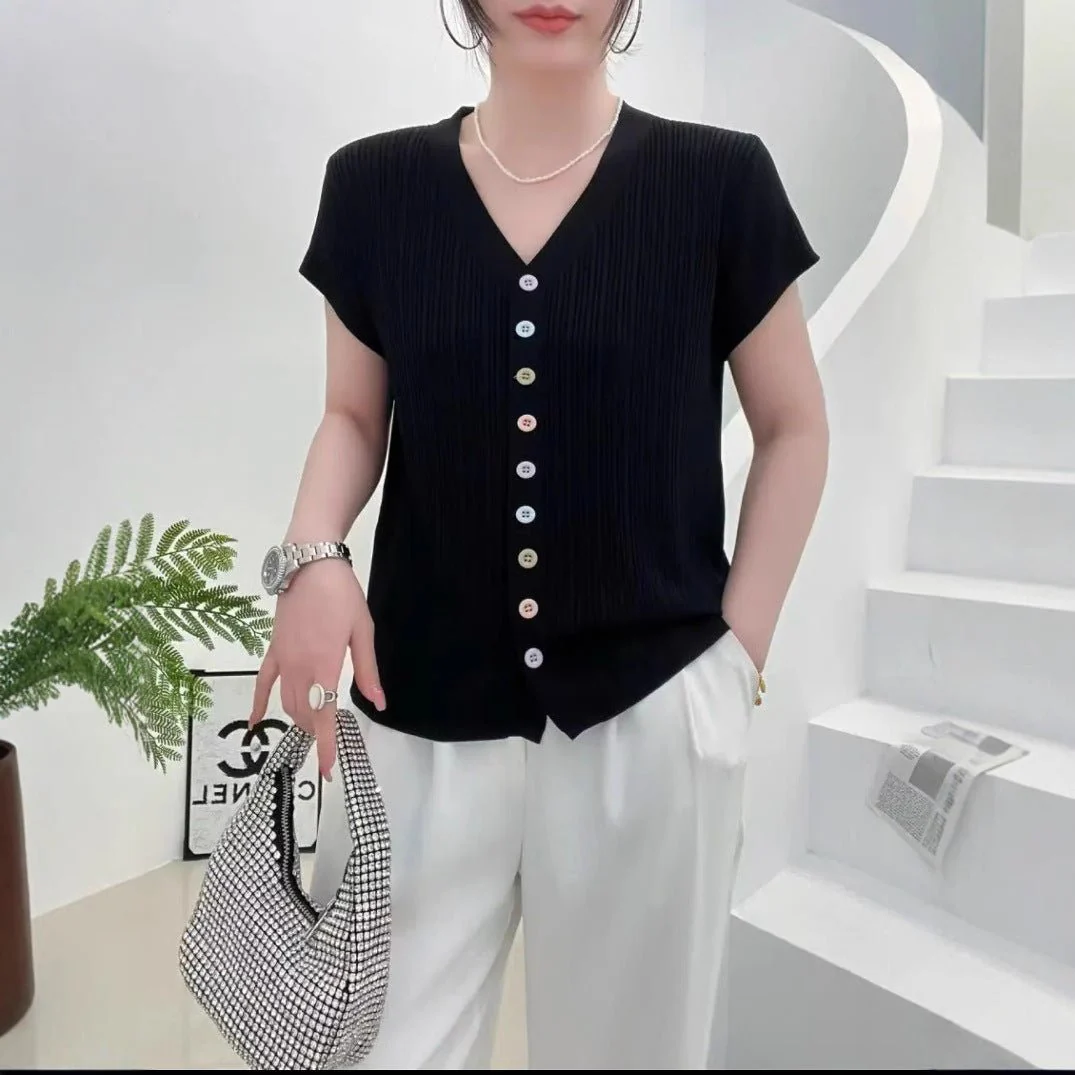 Women’s V-Neck Color Button Cardigan | Soft Viscose Casual Short Sleeve Top | Korean Style Summer 2025 T-Shirt - Image 5
