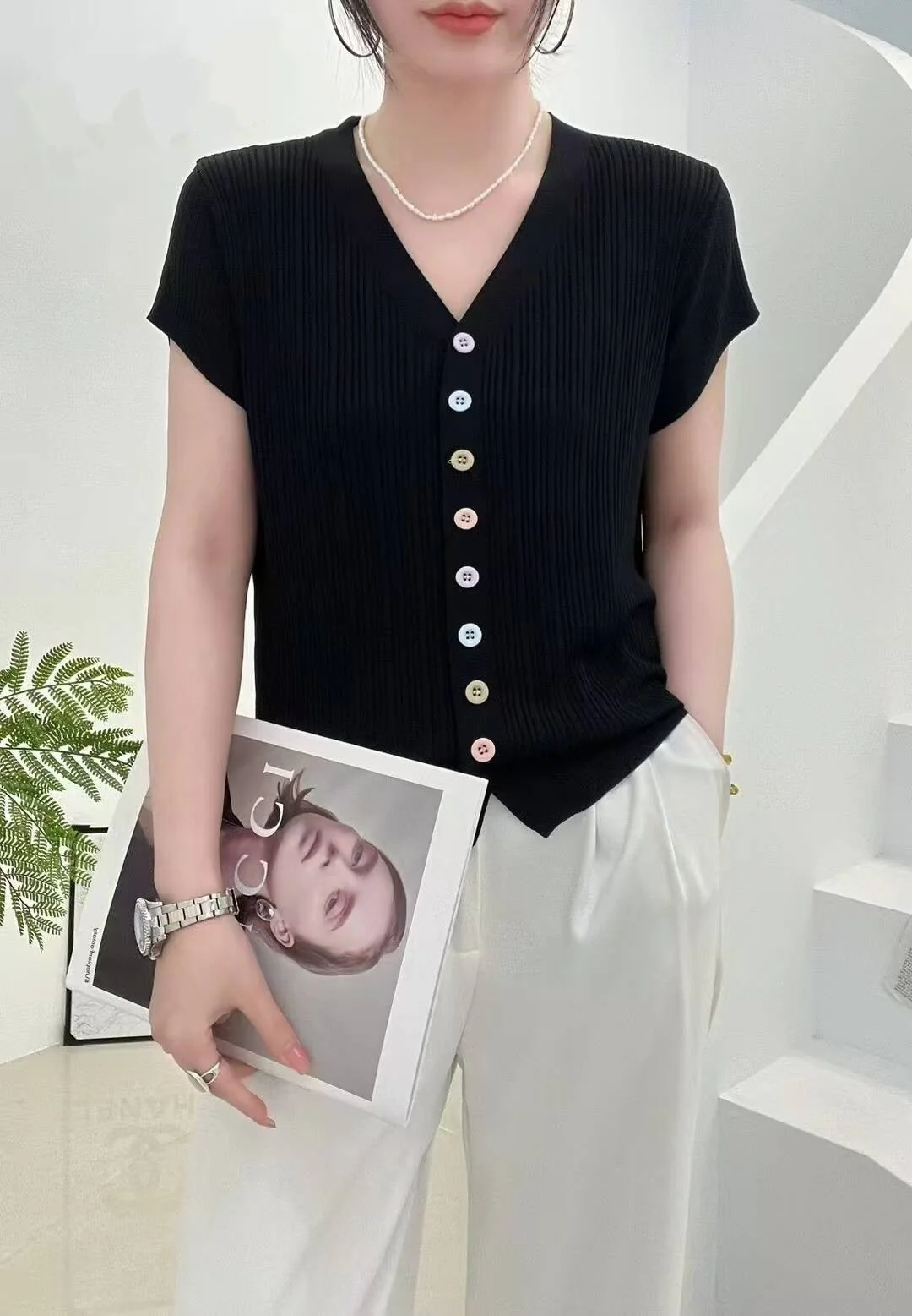 Women’s V-Neck Color Button Cardigan | Soft Viscose Casual Short Sleeve Top | Korean Style Summer 2025 T-Shirt - Image 6