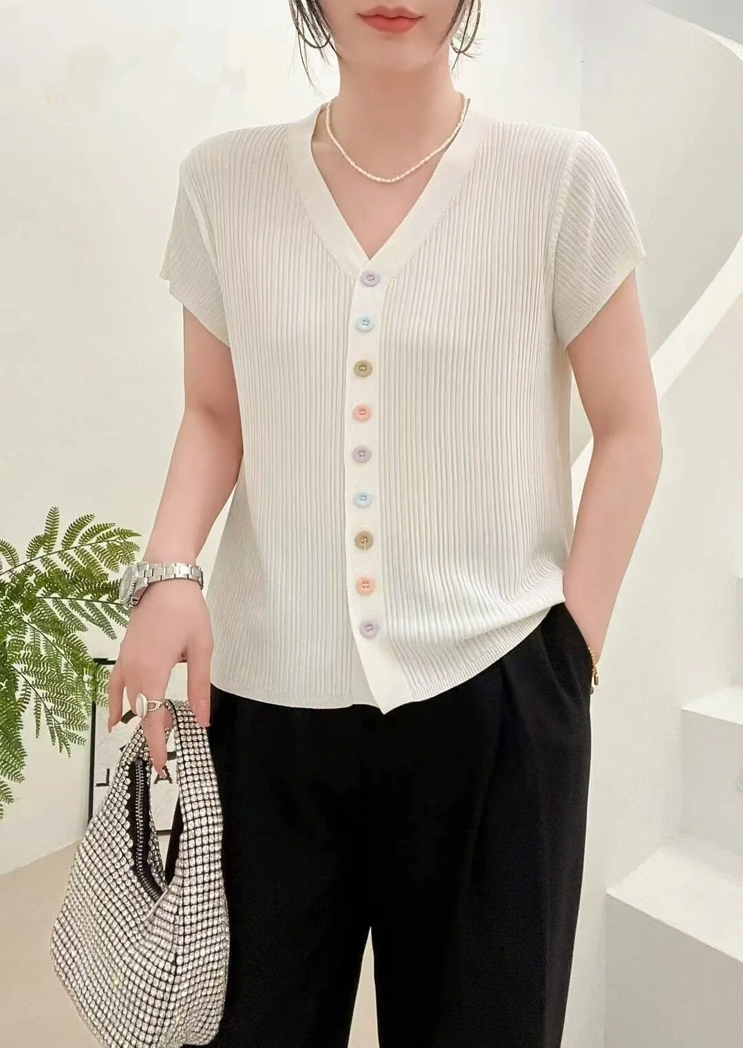 Women’s V-Neck Color Button Cardigan | Soft Viscose Casual Short Sleeve Top | Korean Style Summer 2025 T-Shirt - Image 8