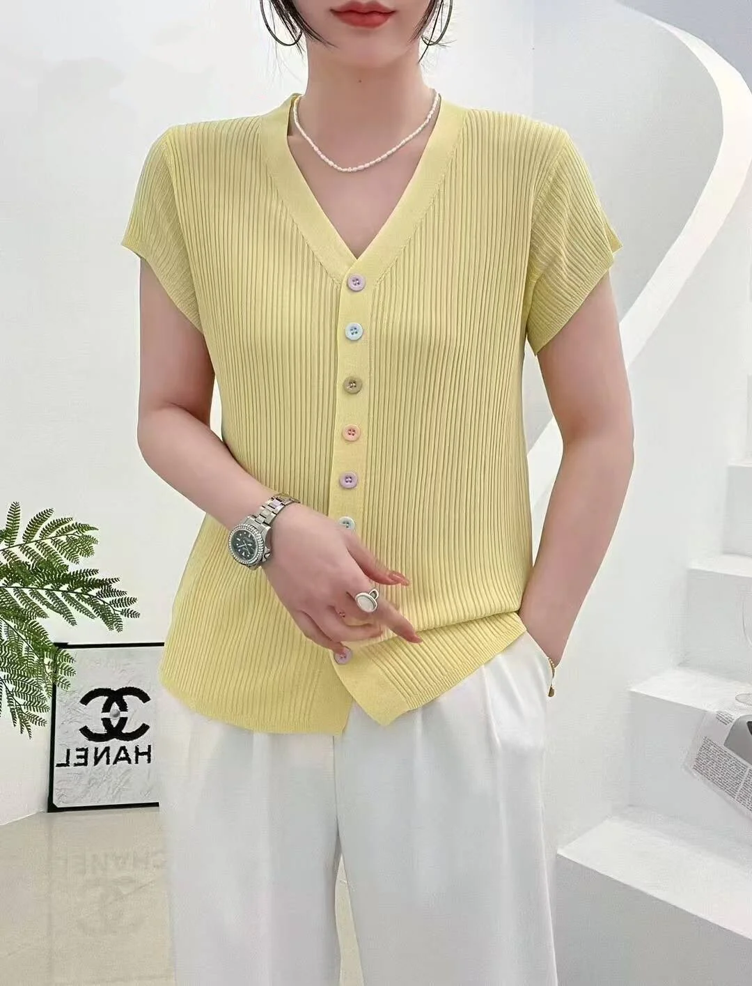 Women’s V-Neck Color Button Cardigan | Soft Viscose Casual Short Sleeve Top | Korean Style Summer 2025 T-Shirt - Image 9