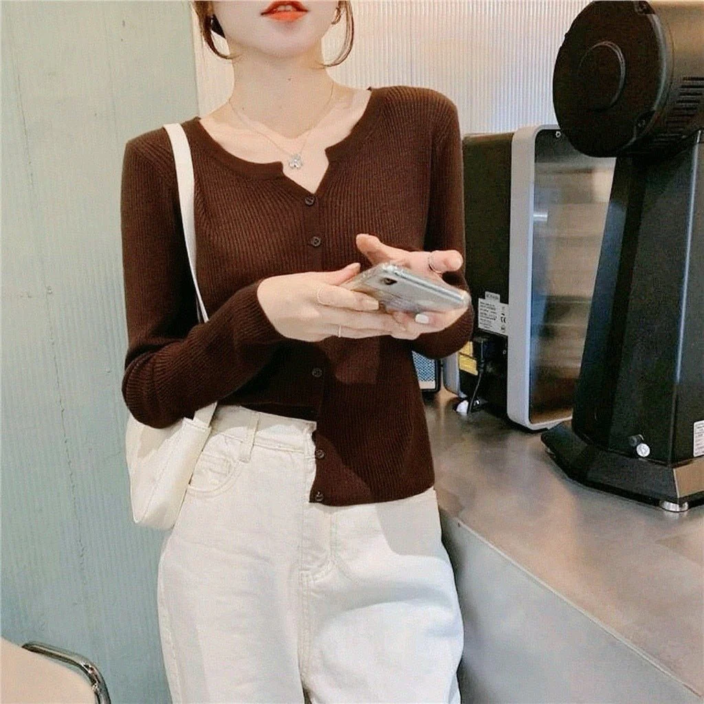 Women’s V-Neck Long Sleeve Cardigan – Solid Color Core-Spun Yarn Sweater - Image 10