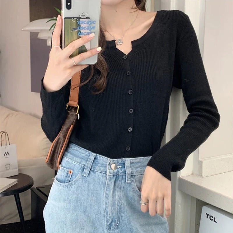 Women’s V-Neck Long Sleeve Cardigan – Solid Color Core-Spun Yarn Sweater - Image 4