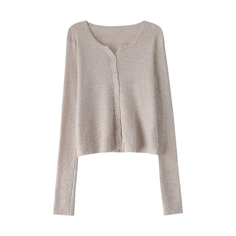 Women’s V-Neck Long Sleeve Cardigan – Solid Color Core-Spun Yarn Sweater - Image 5