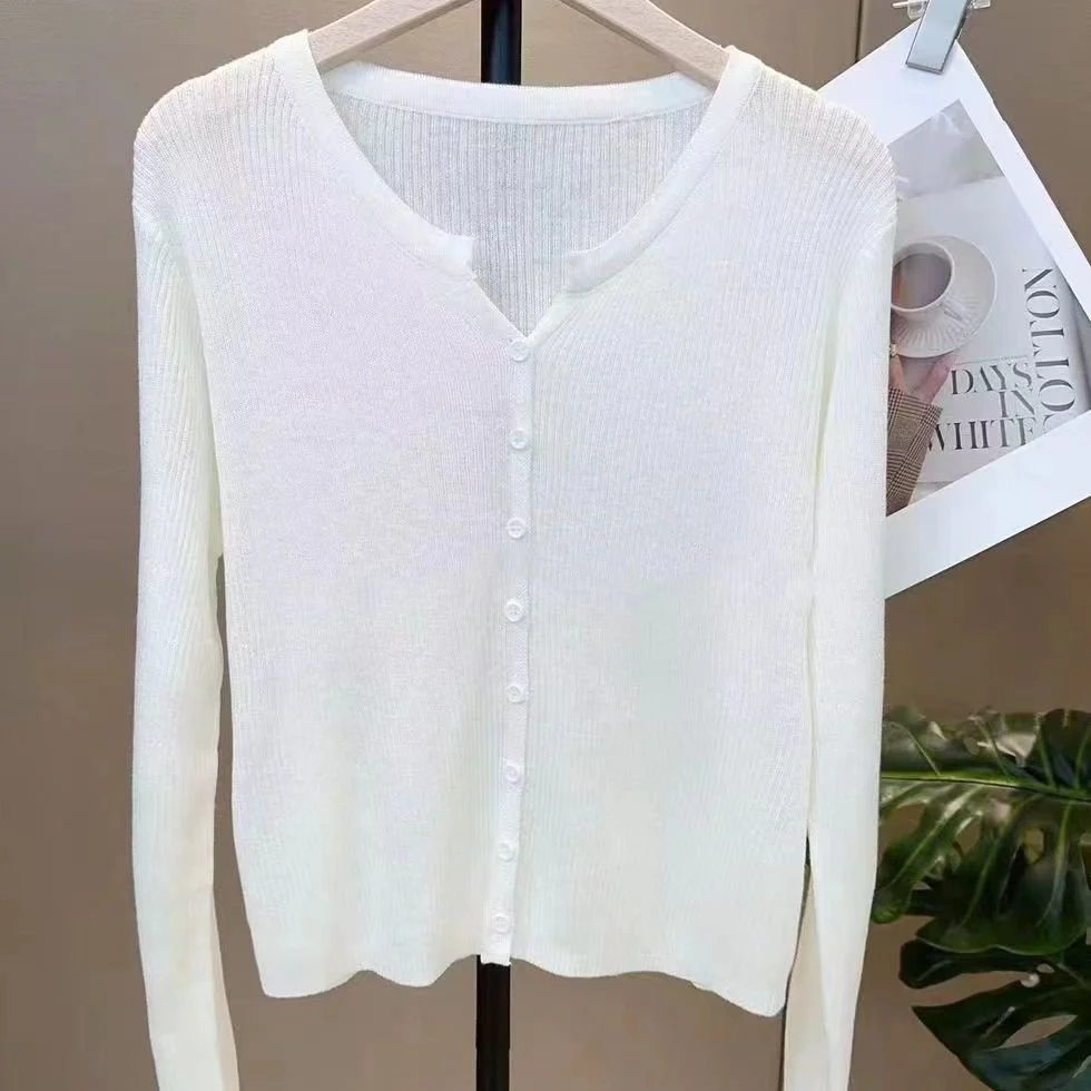 Women’s V-Neck Long Sleeve Cardigan – Solid Color Core-Spun Yarn Sweater - Image 6