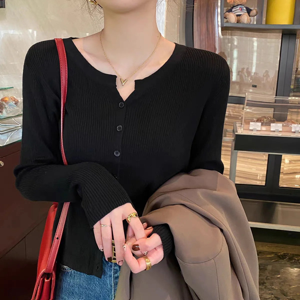 Women’s V-Neck Long Sleeve Cardigan – Solid Color Core-Spun Yarn Sweater - Image 7