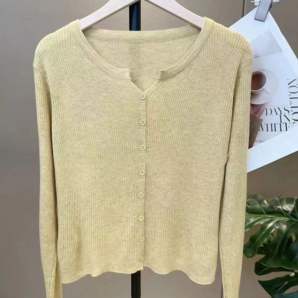 Women’s V-Neck Long Sleeve Cardigan – Solid Color Core-Spun Yarn Sweater - Image 8