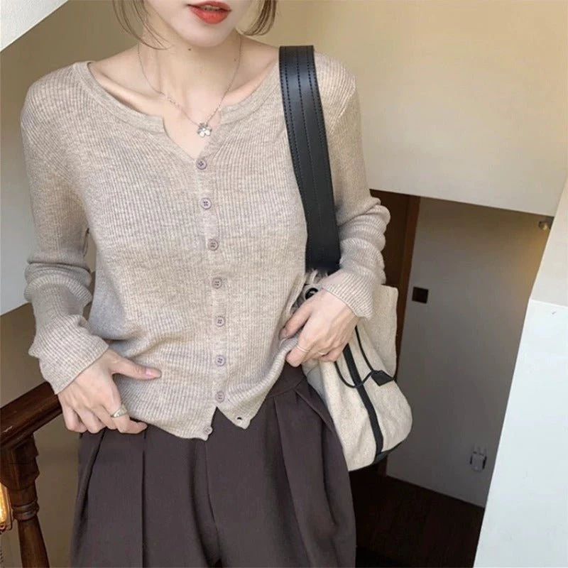 Women’s V-Neck Long Sleeve Cardigan – Solid Color Core-Spun Yarn Sweater FD