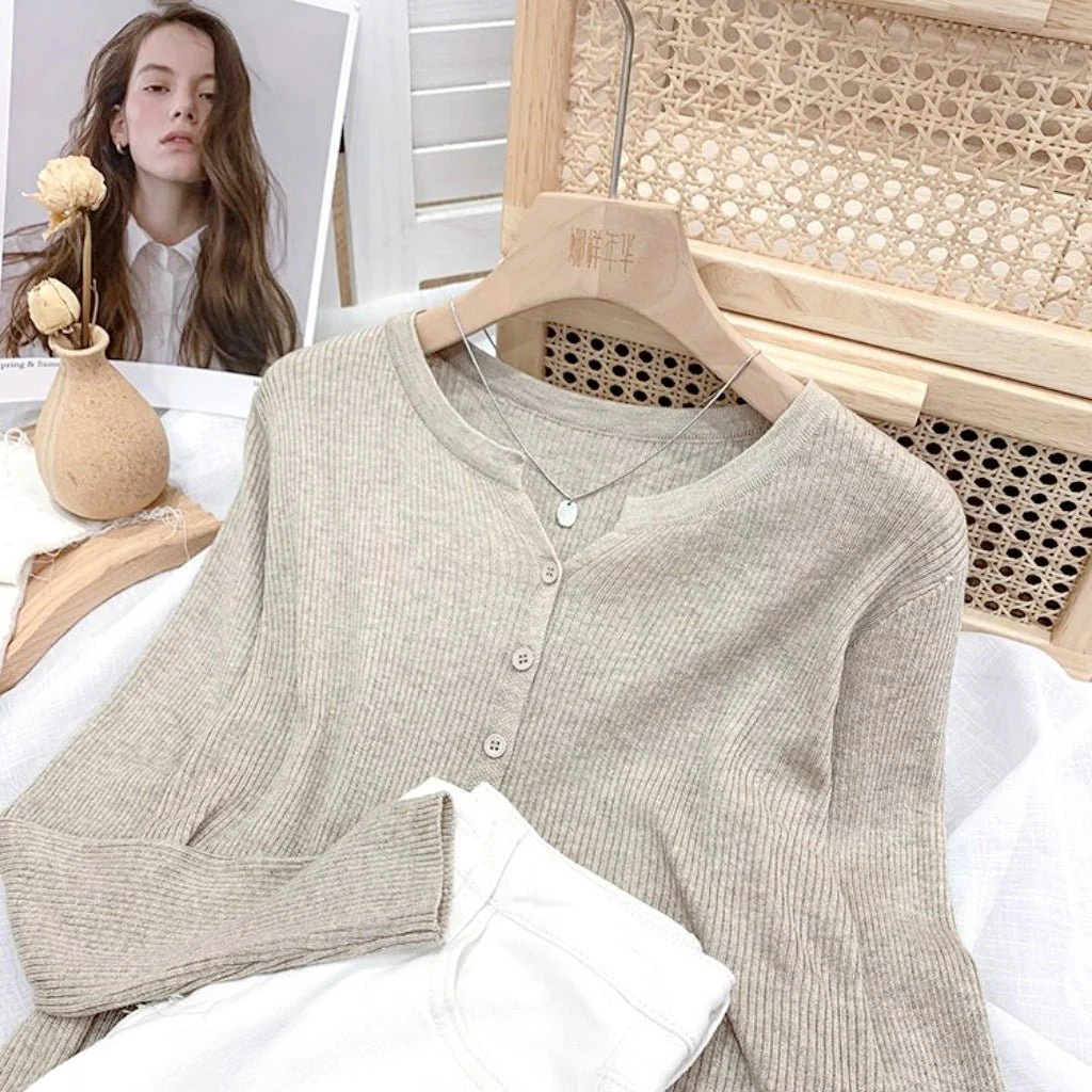 Women’s V-Neck Long Sleeve Cardigan – Solid Color Core-Spun Yarn Sweater FD - Image 11