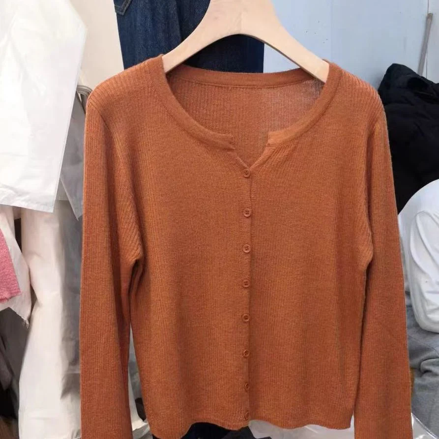 Women’s V-Neck Long Sleeve Cardigan – Solid Color Core-Spun Yarn Sweater FD - Image 12
