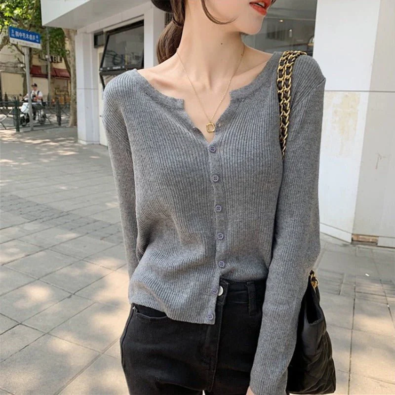 Women’s V-Neck Long Sleeve Cardigan – Solid Color Core-Spun Yarn Sweater FD - Image 2