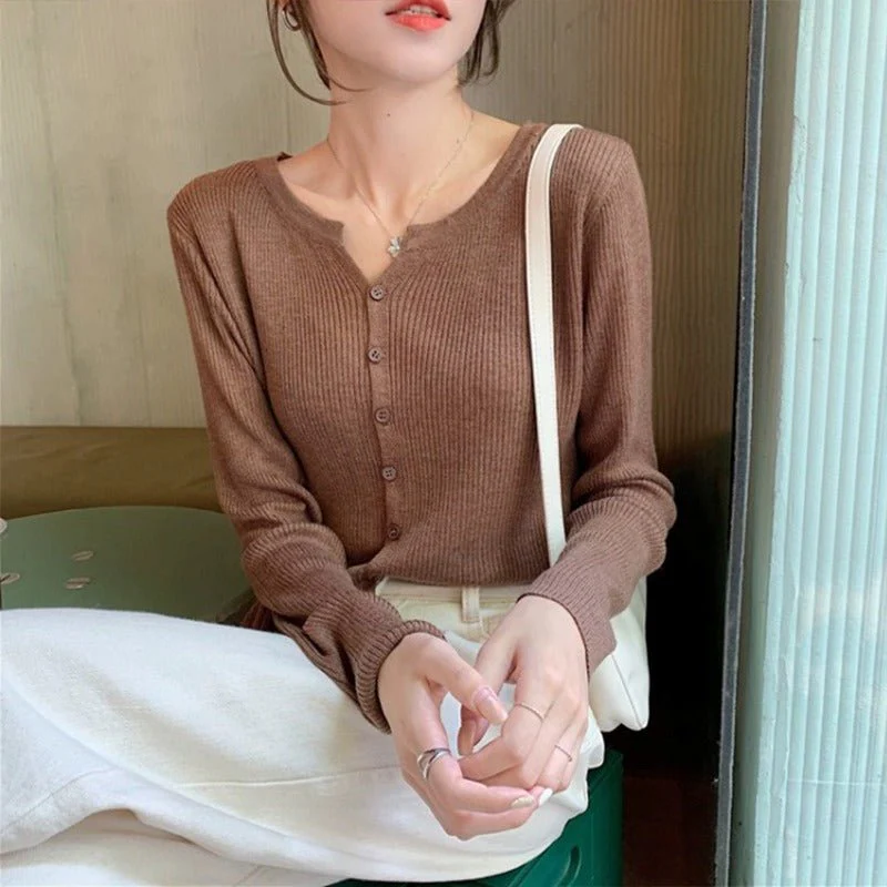 Women’s V-Neck Long Sleeve Cardigan – Solid Color Core-Spun Yarn Sweater FD - Image 3