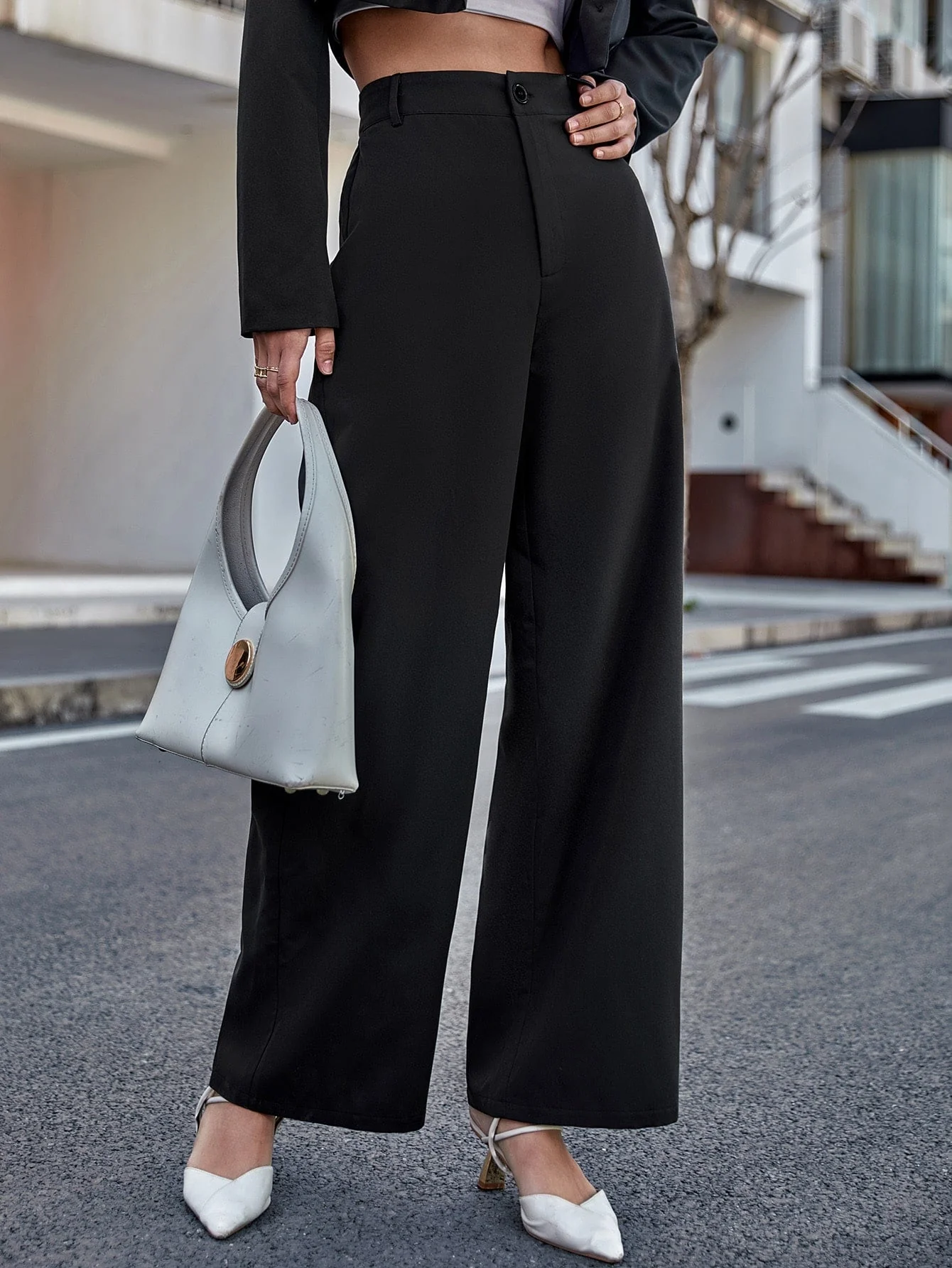Women Solid Color Daily Wear High Waist Wide Leg Pants - Image 4