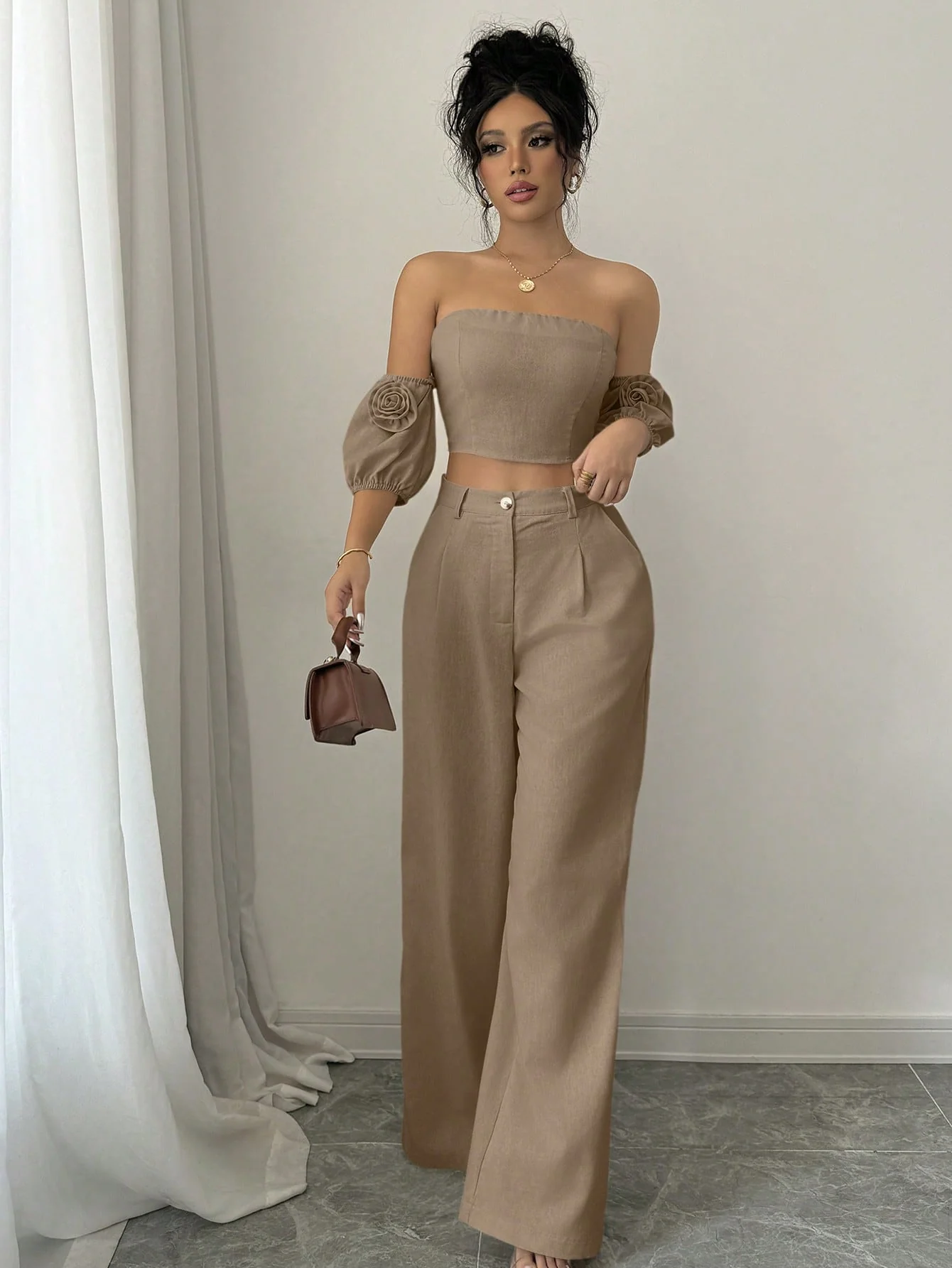 Women Solid Color Off-Shoulder Puff Sleeve Top & Wide Leg Pants 2pcs Fashionable Set - Image 3