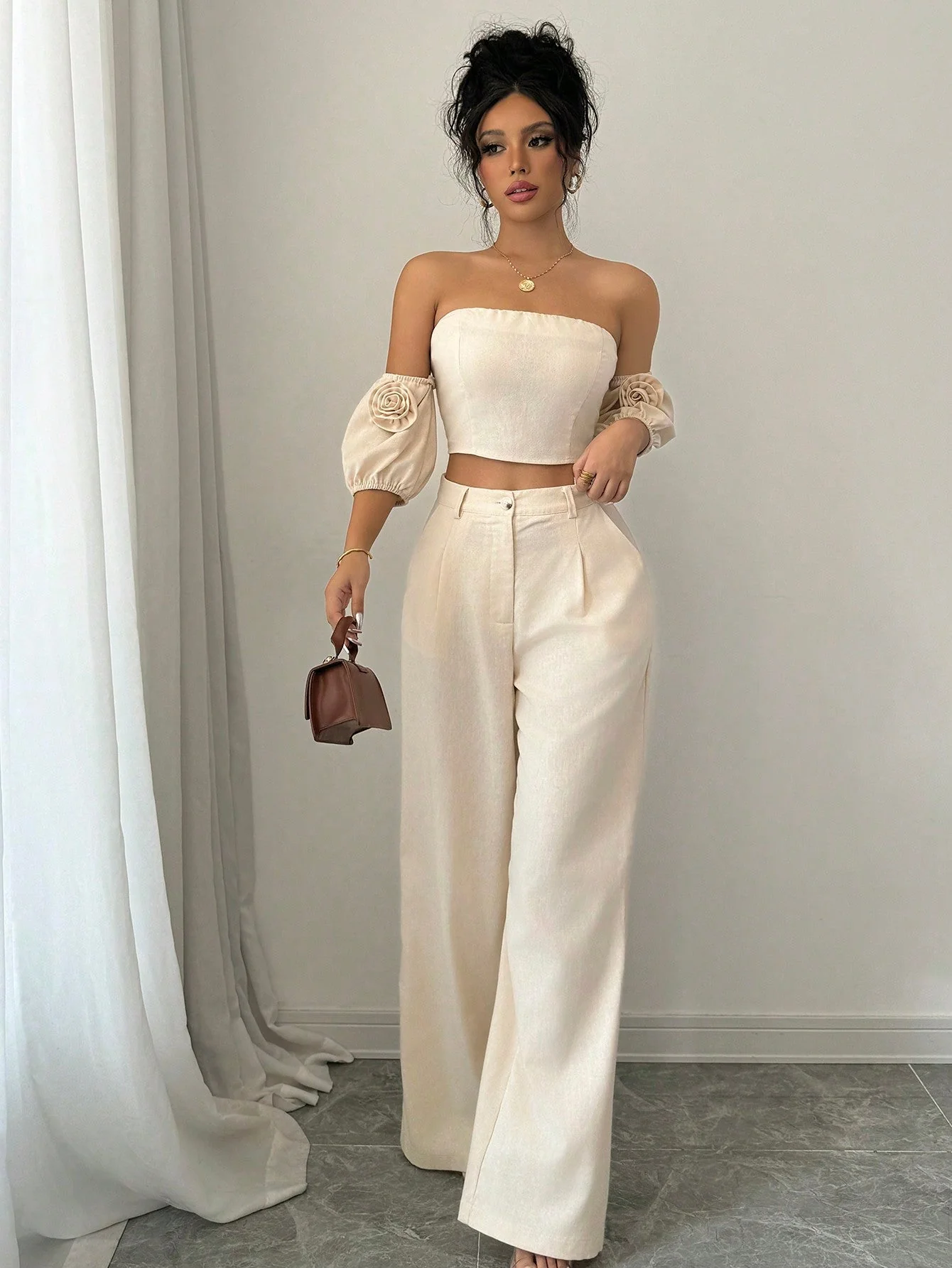 Women Solid Color Off-Shoulder Puff Sleeve Top & Wide Leg Pants 2pcs Fashionable Set - Image 4