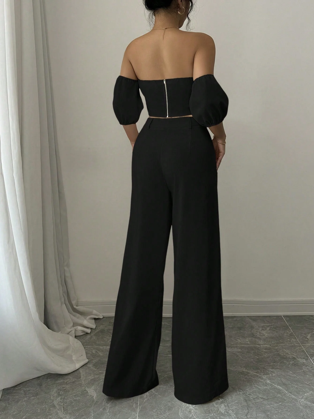 Women Solid Color Off-Shoulder Puff Sleeve Top & Wide Leg Pants 2pcs Fashionable Set - Image 5