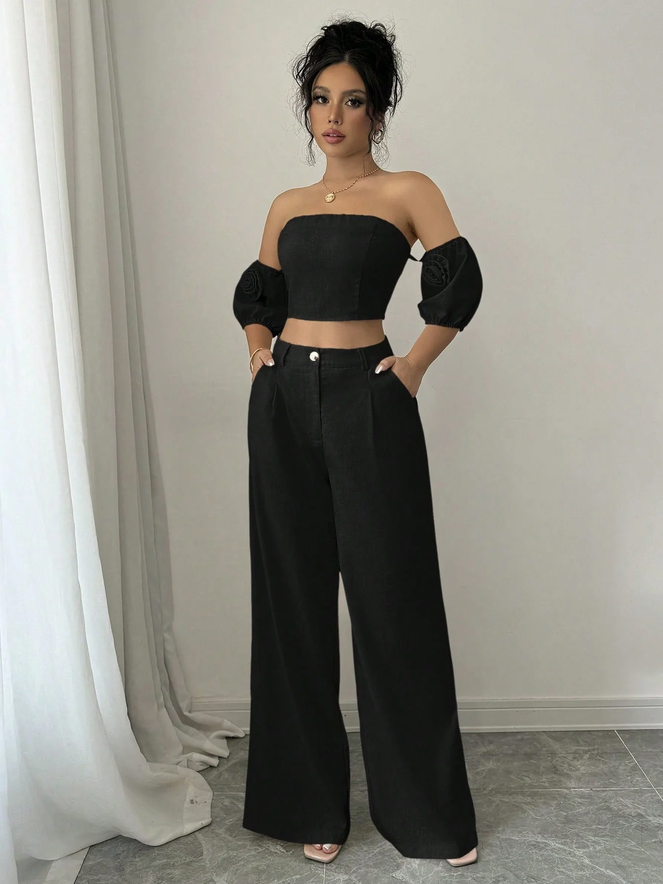 Women Solid Color Off-Shoulder Puff Sleeve Top & Wide Leg Pants 2pcs Fashionable Set - Image 6