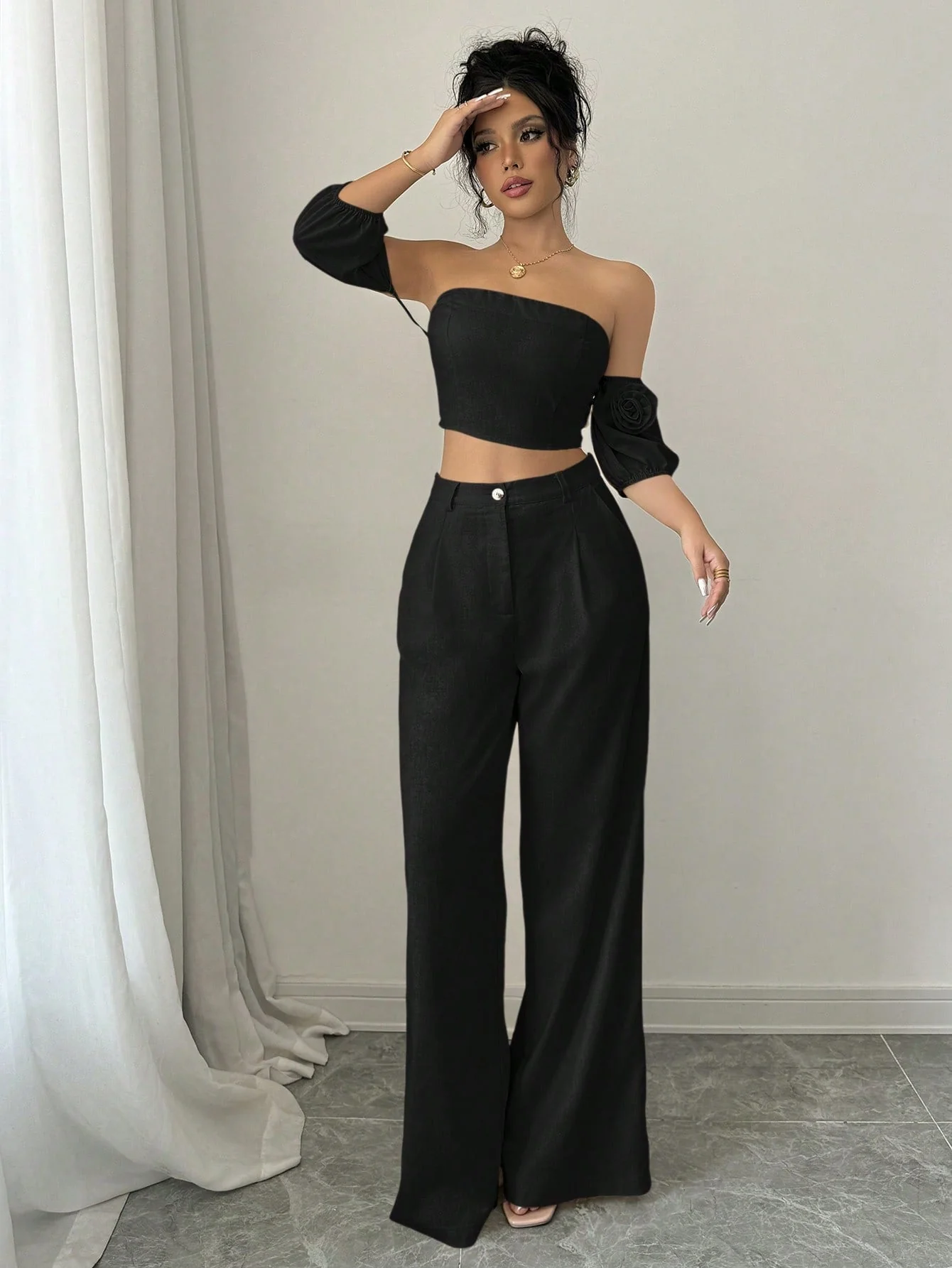Women Solid Color Off-Shoulder Puff Sleeve Top & Wide Leg Pants 2pcs Fashionable Set - Image 7