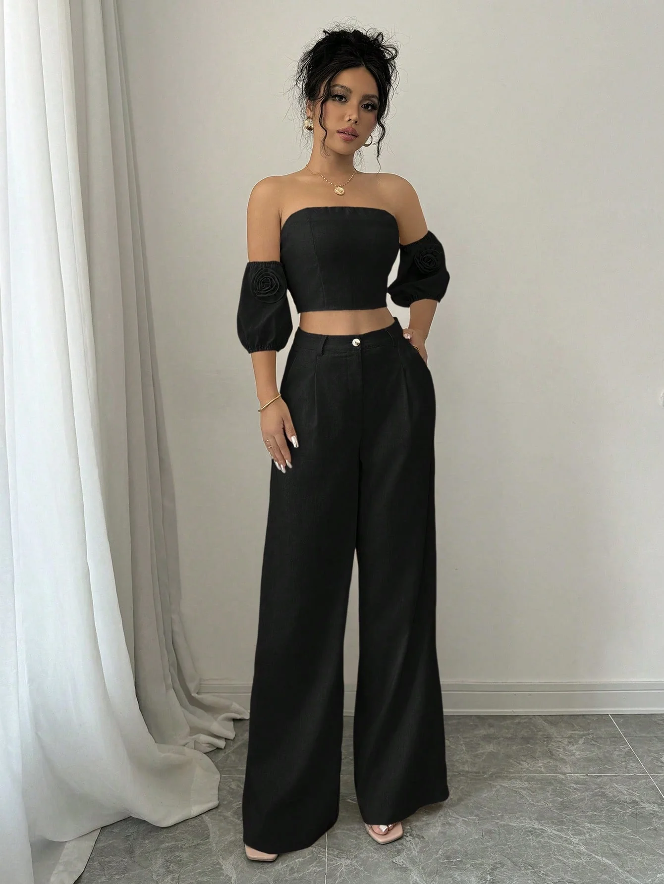 Women Solid Color Off-Shoulder Puff Sleeve Top & Wide Leg Pants 2pcs Fashionable Set - Image 8