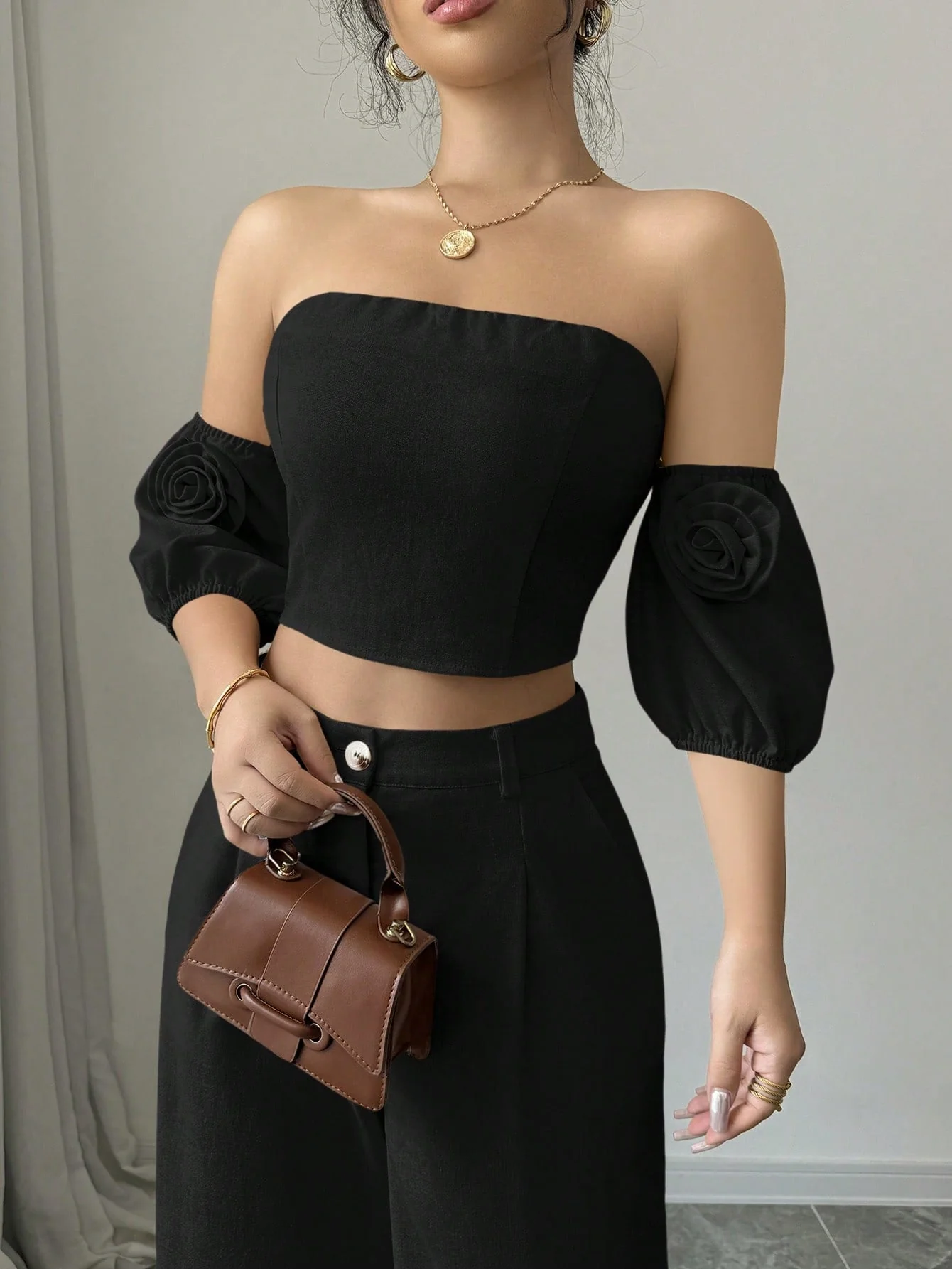 Women Solid Color Off-Shoulder Puff Sleeve Top & Wide Leg Pants 2pcs Fashionable Set - Image 9