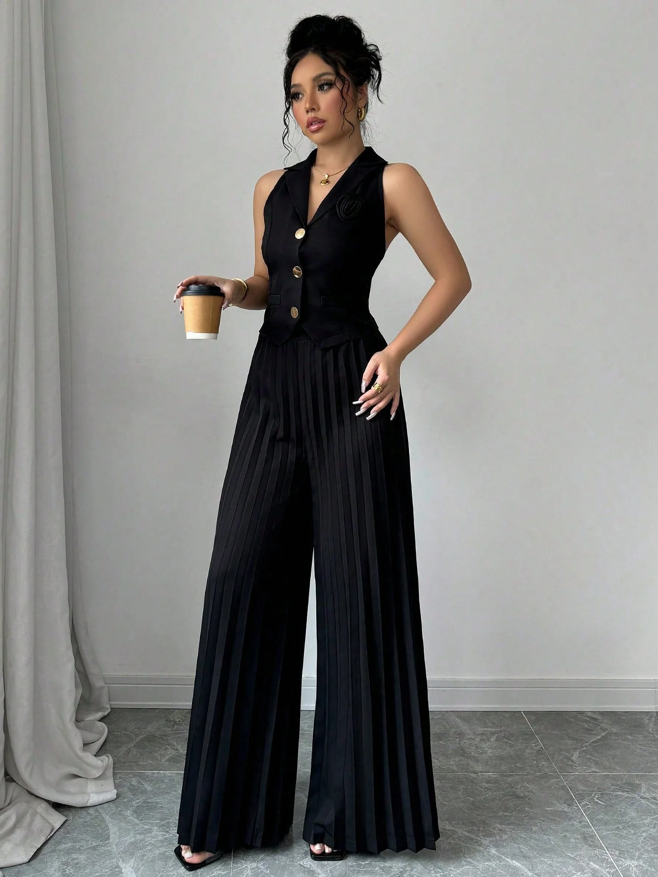Women Spring Autumn Elegant Short Fitted 3D Floral Decor Single-Breasted Vest Jacket + Women Spring Autumn Elegant Long Pleated Pants - Image 3