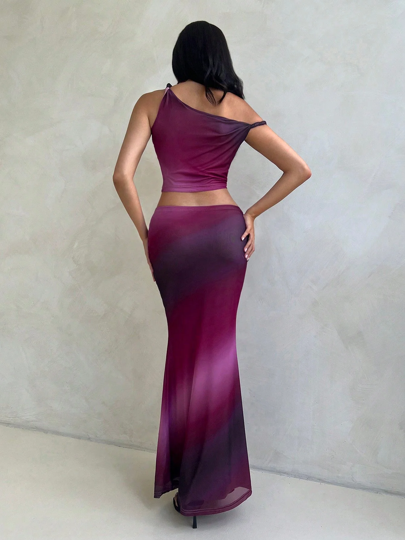 Women's 2Pcs Set Marble & Aurora Print Tie Dye Tie Dye Mesh Stretchy Asymmetric Twist Shoulder Top & Super Low Waist Bodycon Pencil Skirt - Image 2