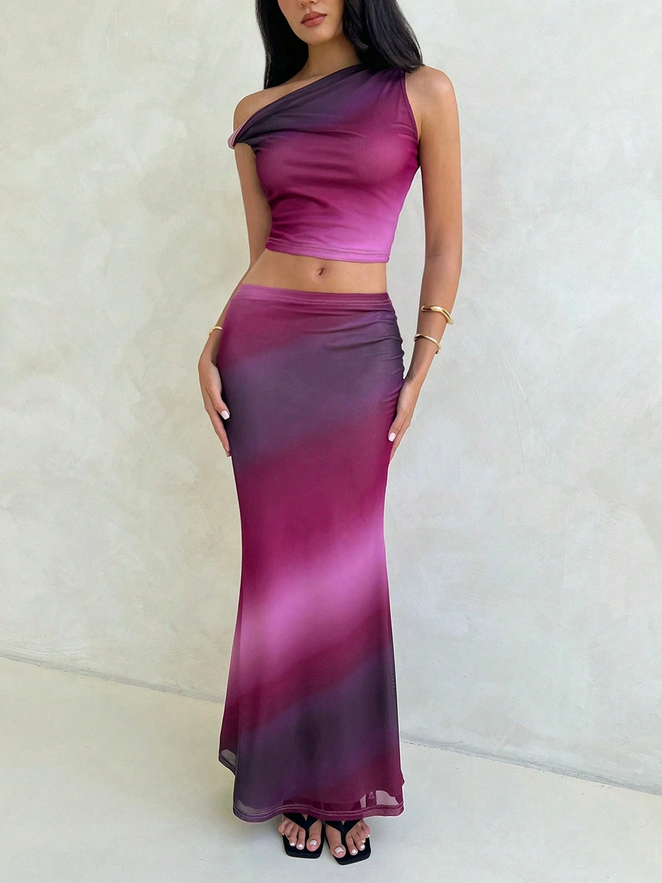 Women's 2Pcs Set Marble & Aurora Print Tie Dye Tie Dye Mesh Stretchy Asymmetric Twist Shoulder Top & Super Low Waist Bodycon Pencil Skirt - Image 6