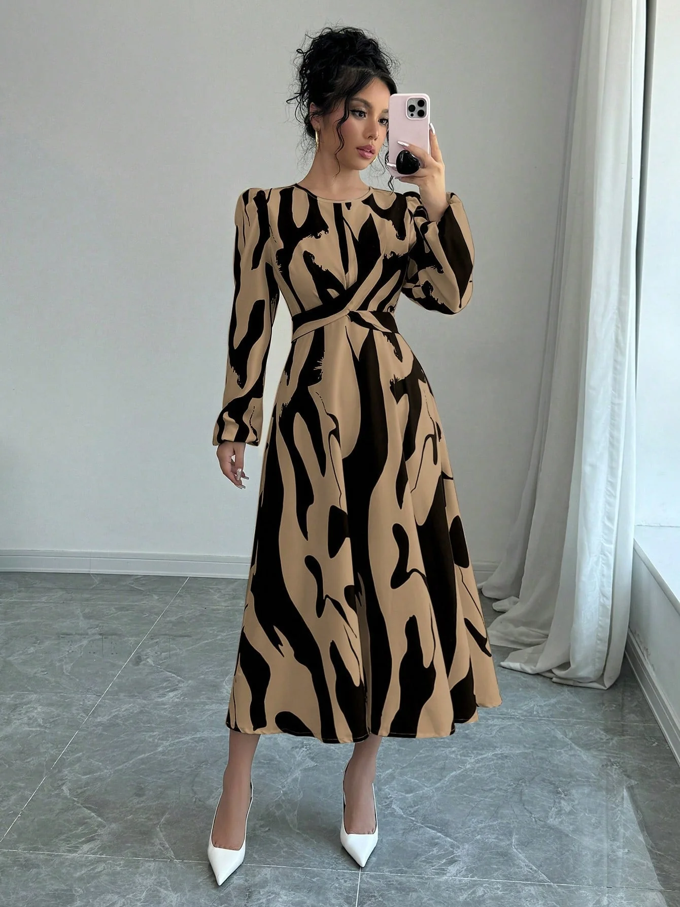 Women's Asymmetrical Printed Tie Bow Accent Elastic Cuff Casual Vacation Dress Maxi Women Outfit - Image 4