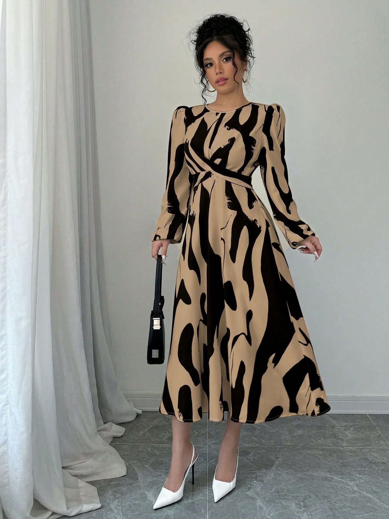 Women's Asymmetrical Printed Tie Bow Accent Elastic Cuff Casual Vacation Dress Maxi Women Outfit - Image 5