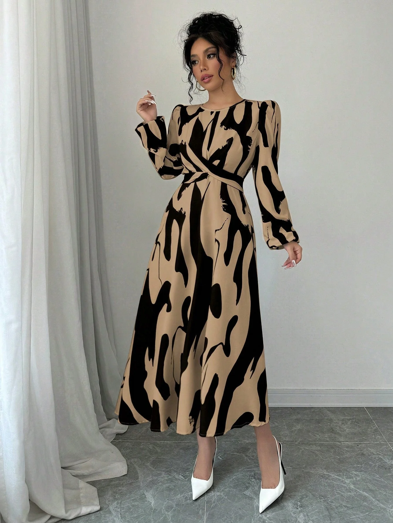 Women's Asymmetrical Printed Tie Bow Accent Elastic Cuff Casual Vacation Dress Maxi Women Outfit - Image 6