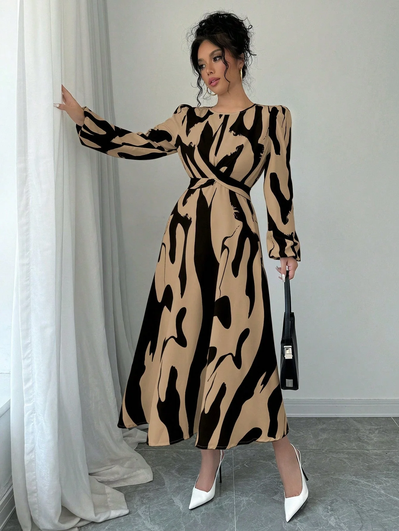Women's Asymmetrical Printed Tie Bow Accent Elastic Cuff Casual Vacation Dress Maxi Women Outfit - Image 7