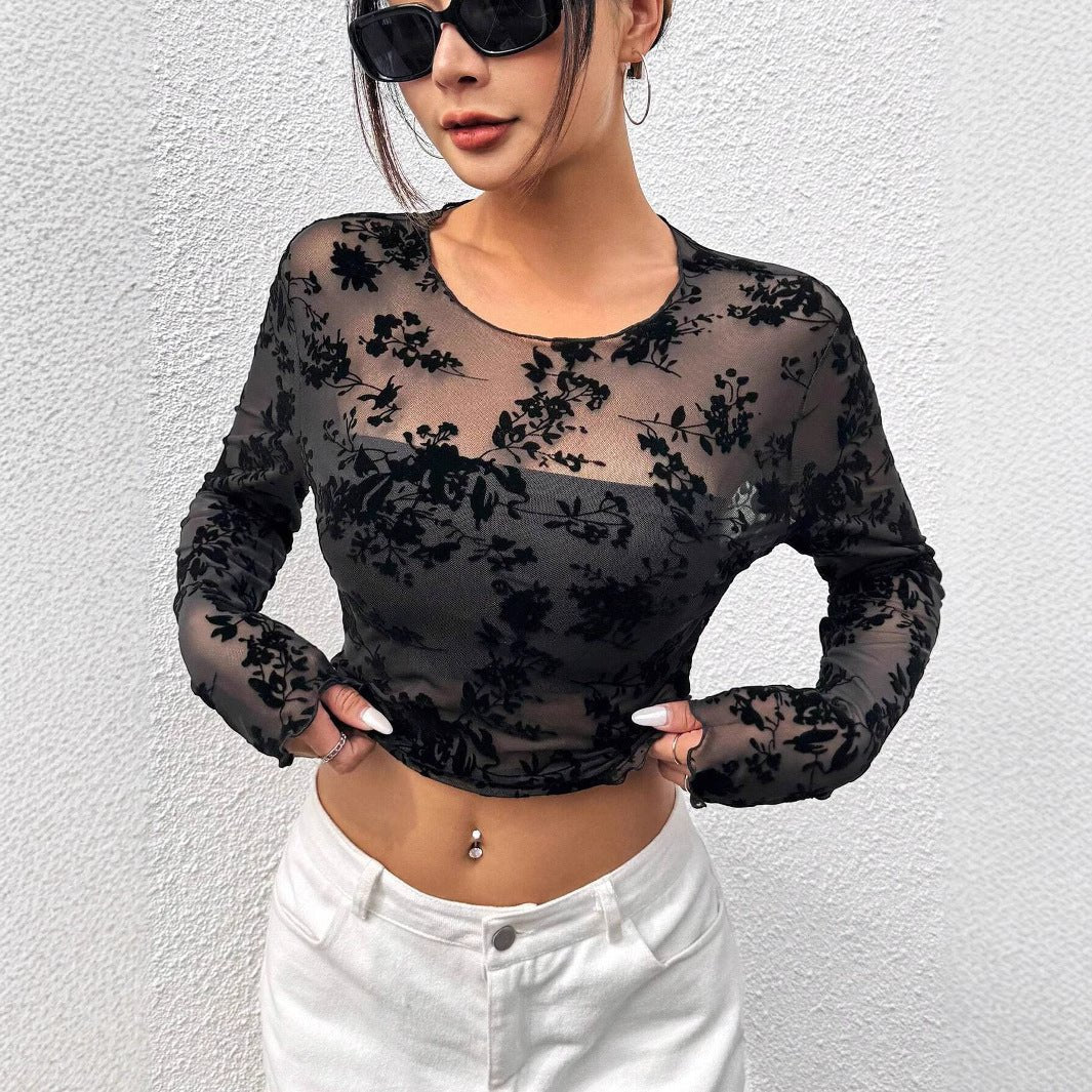 Women's Black Sexy Mesh Crew Neck Long Sleeve T-Shirt Top - Image 3