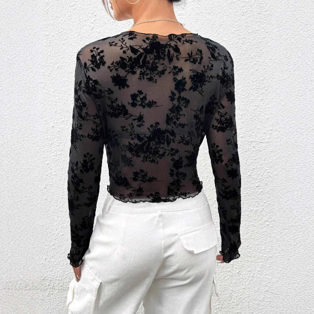 Women's Black Sexy Mesh Crew Neck Long Sleeve T-Shirt Top - Image 4