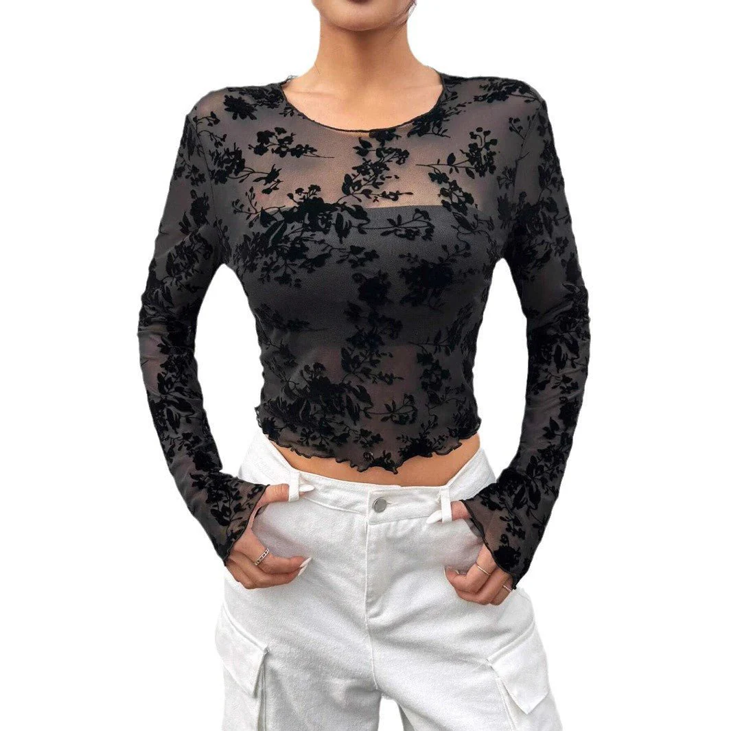 Women's Black Sexy Mesh Crew Neck Long Sleeve T-Shirt Top - Image 5